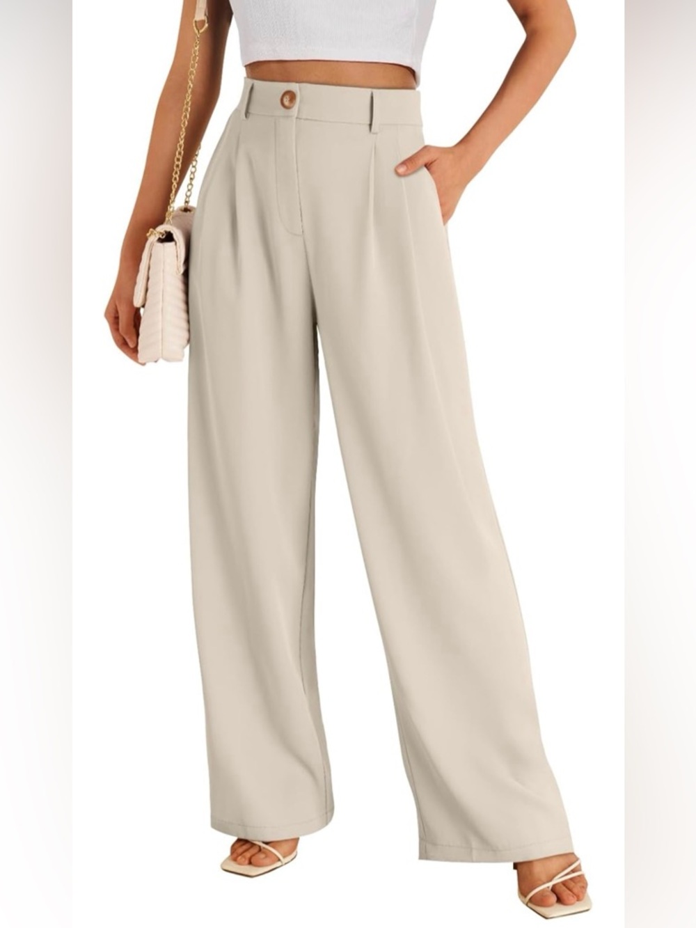High-Waist Wide-Leg Pants in Light Beige